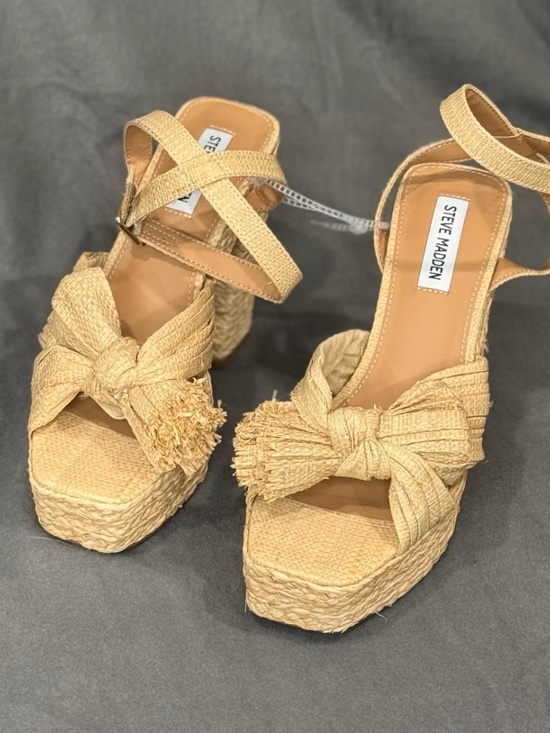 Steve Madden Shoes - Steve Madden Romey Raffia Platform Sandals Tan Fringed Bow Block Heel Women’s 10